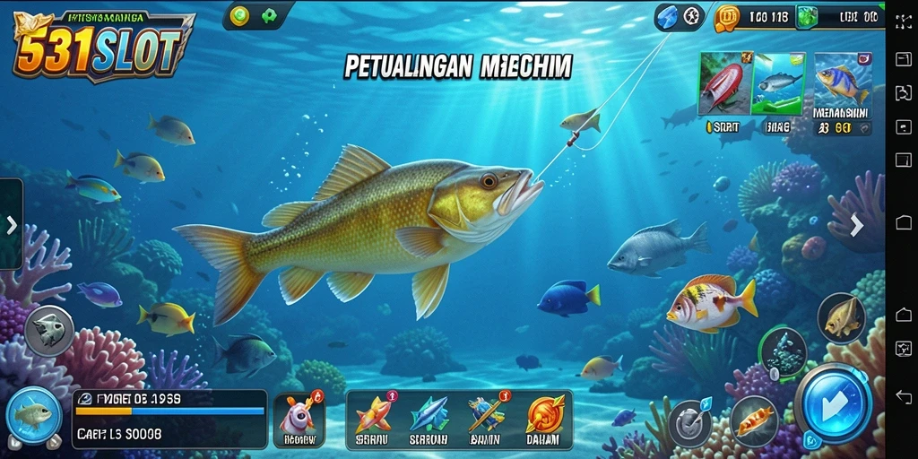 Screenshot gameplay 531SLOT menampilkan aksi memancing yang mendebarkan di lautan.