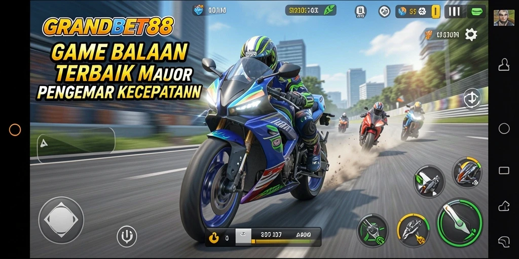 Tampilan gameplay seru di GRANDBET88 saat balapan motor di trek menantang.