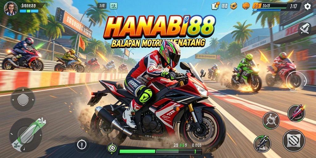 Screenshot HANABI88 menunjukkan balapan motor yang intens dan grafis yang mengagumkan.