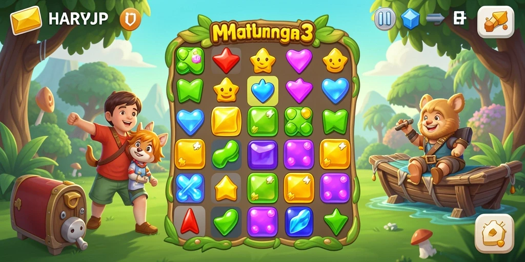 Screenshot gameplay yang menarik dari HARAPJP menunjukkan keseruan mencocokkan permata.