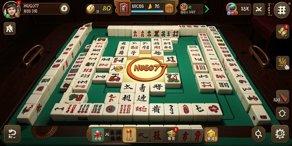 Gameplay seru HUGO77 yang menampilkan papan Mahjong penuh warna.