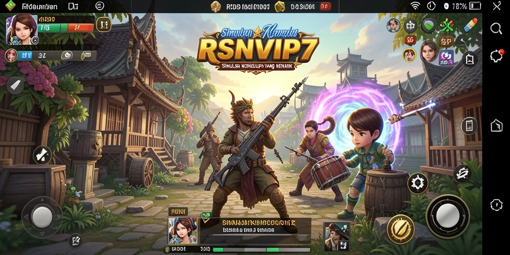 Tampilan gameplay utama RSNVIP7 menunjukkan interaksi karakter dalam simulasi kehidupan.